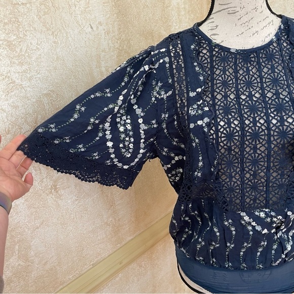 Free People Bali Tate Mixed Media Crochet Floral Printed Bodysuit Blue Sz S - Picture 5 of 14